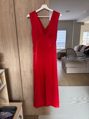 Red Satin midi dress with open back
